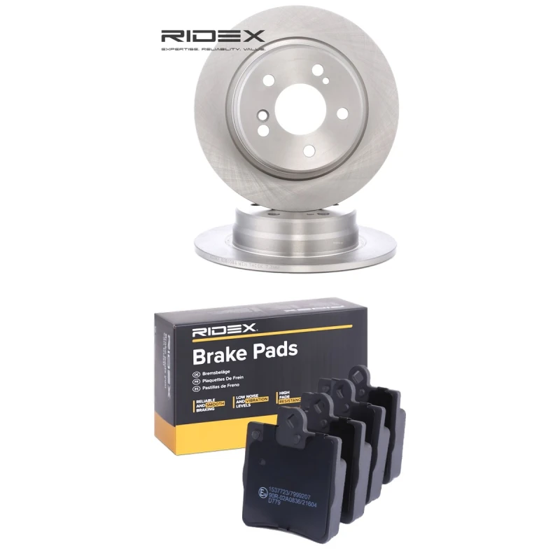 Image of RIDEX 3405B2321 Brake disc and pads set Rear Axle, Brake Disc Type: Solid, excl. wear warning contact Brake Set,disc brakes (3405)
