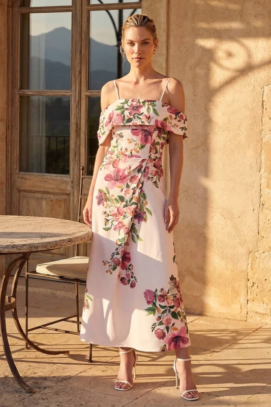 Image of Roman Womens Floral Premium Stretch Midi Dress in Cream Size: 16 Cream Female 16