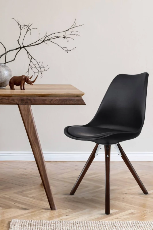 Image of Fusion Living Soho Plastic Dining Chair with Pyramid Dark Wood Legs Black