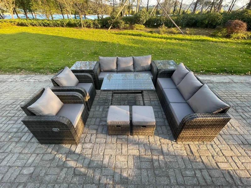 Image of Fimous 10 Seater Rattan Outdoor Garden Furniture Sofa Set Patio Table & Chairs Set with 3 Seater Sofa Rectangular Dining Table Small Footstool Dark Gr
