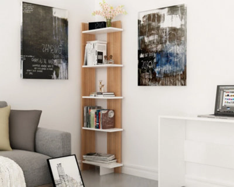 Image of (White/Cream) Decorotika Alice 5-Shelf Modern Display Corner Bookcase, Bookshelf