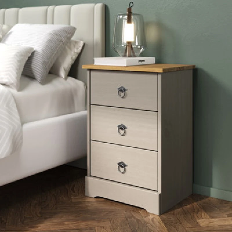 Image of Core Corona Compact Grey and Pine 3 Drawer Bedside Table