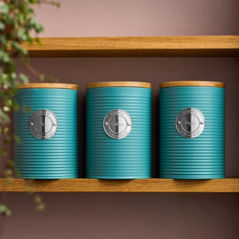 Image of Cooks Professional 3 Piece Tea, Coffee & Sugar Ribbed Canister Set With Bamboo Lids - Kitchen Storage Bins - Teal & Silver
