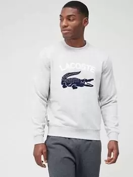 Image of Mens Lacoste Crocodile Print Crew Neck Sweatshirt Size 3 - S Grey Chine