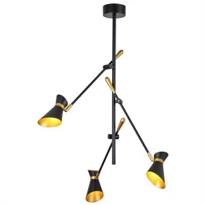 Image of LED 3 Light Multi Arm Ceiling Pendant Matt Black, Gold