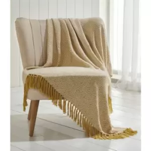 image of Portfolio Throw Blanket with Geometric Pattern, Ochre Yellow, 130 x 170cm - Yellow