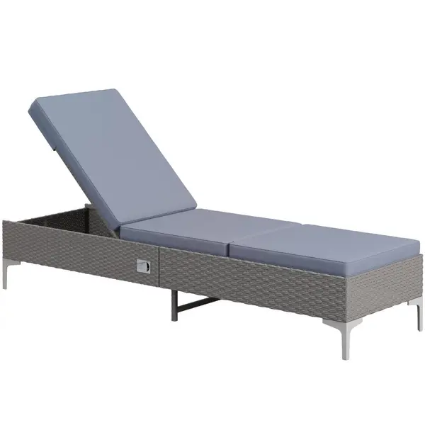 Image of Patio Rattan Sun Lounger Garden Wicker Backrest Adjustable Sun Lounger