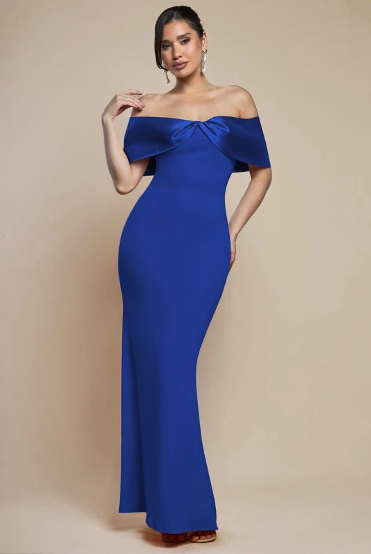 Image of Goddiva Womens Twist Knot Satin & Scuba Bardot Maxi Dress in Cobalt Size: 16 Cobalt Female 16