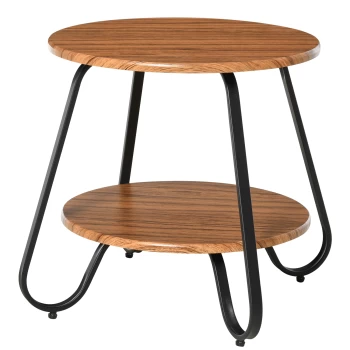Image of HOMCOM Retro Two-Tier Coffee Table w/ Curved Metal Frame Adjustable Feet Oak-Effect Round Tops Side End Home Furniture Stylish Living Room AOSOM UK
