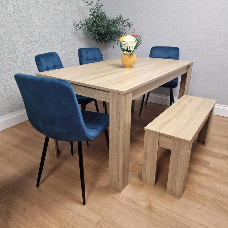 Image of KOSY KOALA Wooden Dining Table Set for 6 Oak Effect Table With 4 Blue Velvet Chairs and 1 Bench Beige