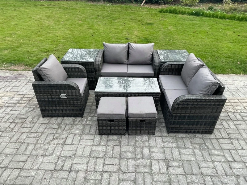 Image of Fimous 7 Seater Rattan Outdoor Garden Furniture Sofa Set Patio Table & Chairs Set with 2 Side Tables 2 Small Footstools Dark Grey Mixed Dark Grey
