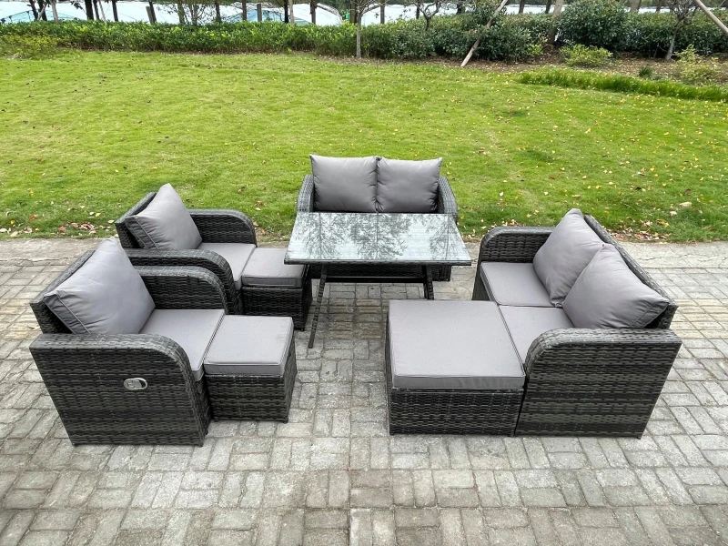 Image of Fimous Wicker PE Rattan Garden Dining Set Outdoor Furniture Sofa with Rectangular Dining Table 3 Footstools Dark Grey Mixed Dark Grey