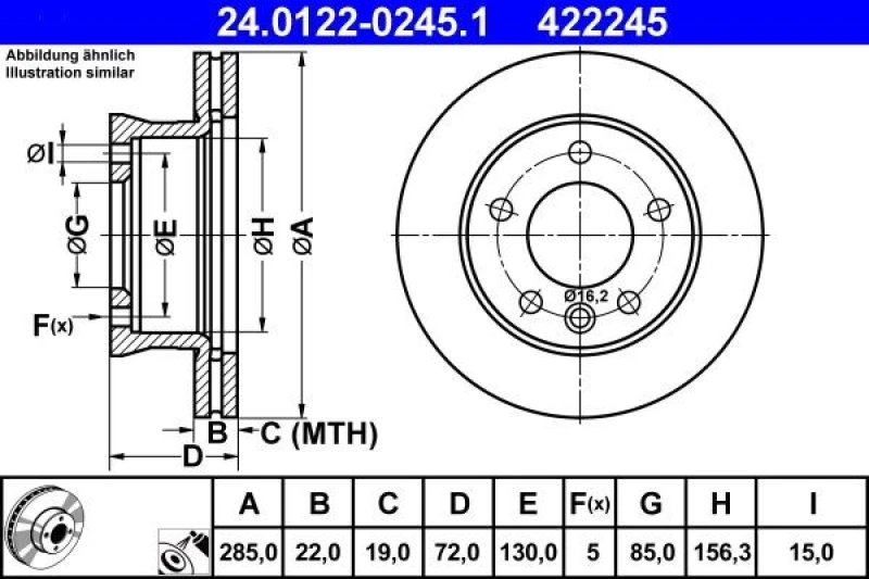 Image of ATE 24.0122-0245.1 Brake disc Vented, Coated, Alloyed/High-carbon Brake Disc (82)