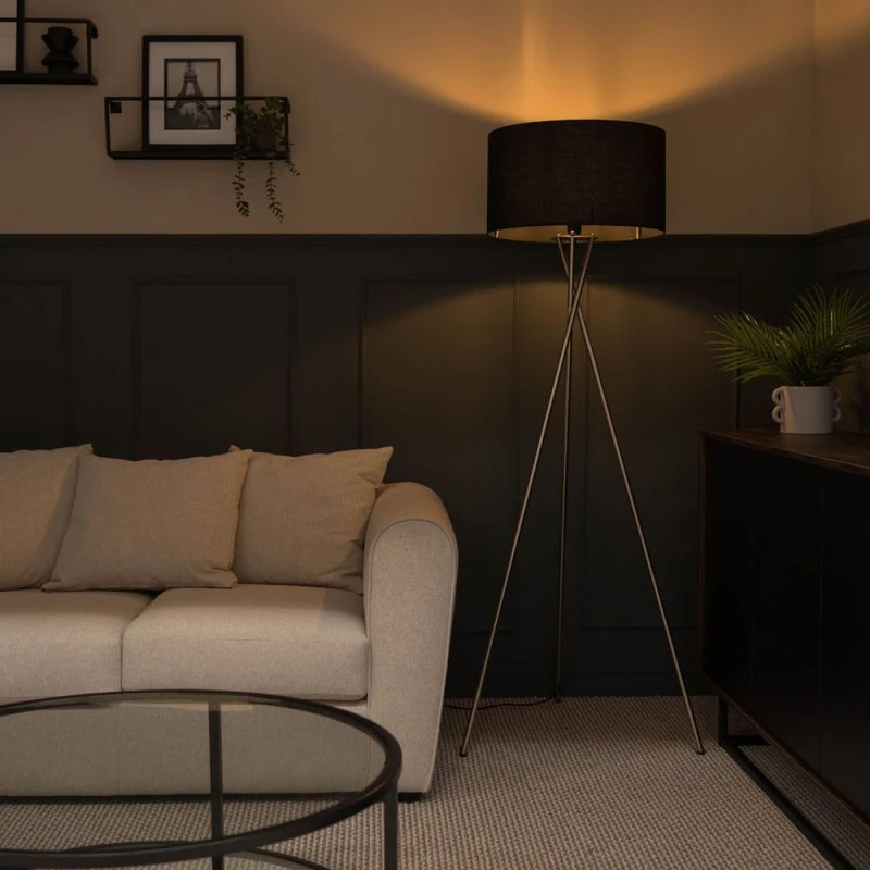 Image of ValueLights ValueLights Camden Brushed Chrome Tripod Floor Lamp with Black Drum Shade and Bulb Black One Size Unisex 5059406018220