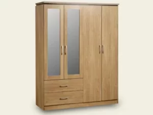 Image of Seconique Charles Oak 4 Door 2 Drawer Mirrored Large Wardrobe Flat Packed