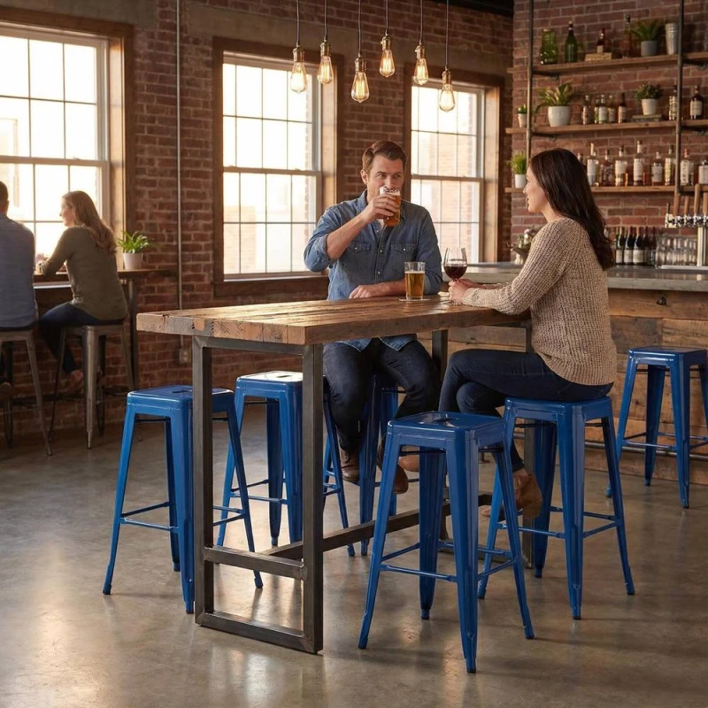 Image of FWStyle Bistro Set Of 4 30" Blue Gloss Metal Bar Stools Blue Unisex