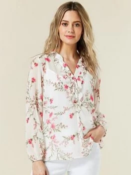 Image of Wallis Petite Ivory Floral Ruffle Top - Cream, Size 10, Women