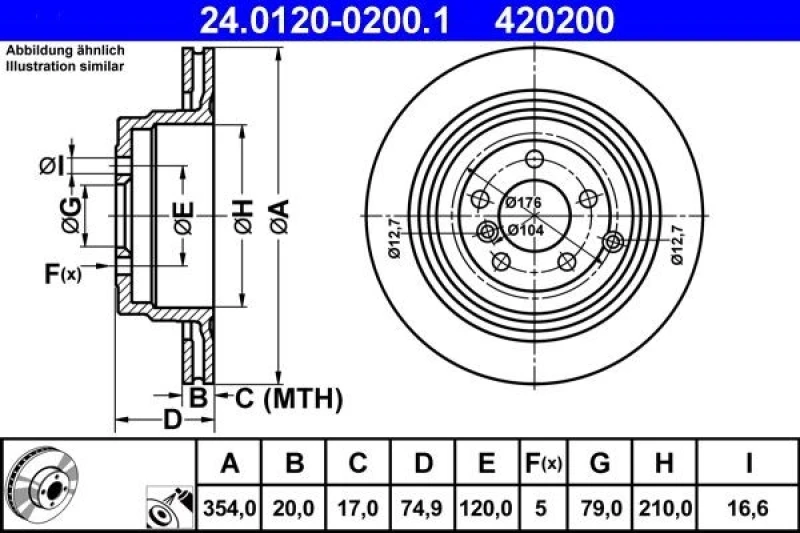 Image of ATE 24.0120-0200.1 Brake disc Vented, Coated, Alloyed/High-carbon Brake Disc (82)