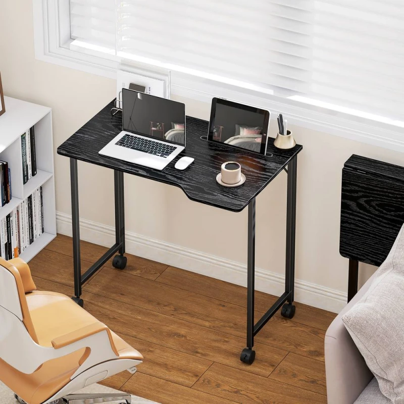 Image of HOMCOM Small Writing Desk with Wheels, Folding Study Table in Black Unisex