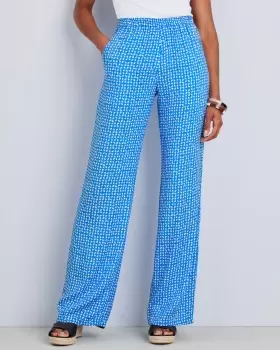 Cotton Traders Womens Sienna Printed Pull-On Wide-Leg Trousers in Blue