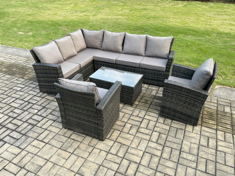 Image of Fimous 8 Seater High Back Outdoor Garden Furniture Set Rattan Corner Sofa Set With 2 Armchairs Dark Grey Mixed Dark Grey Unisex