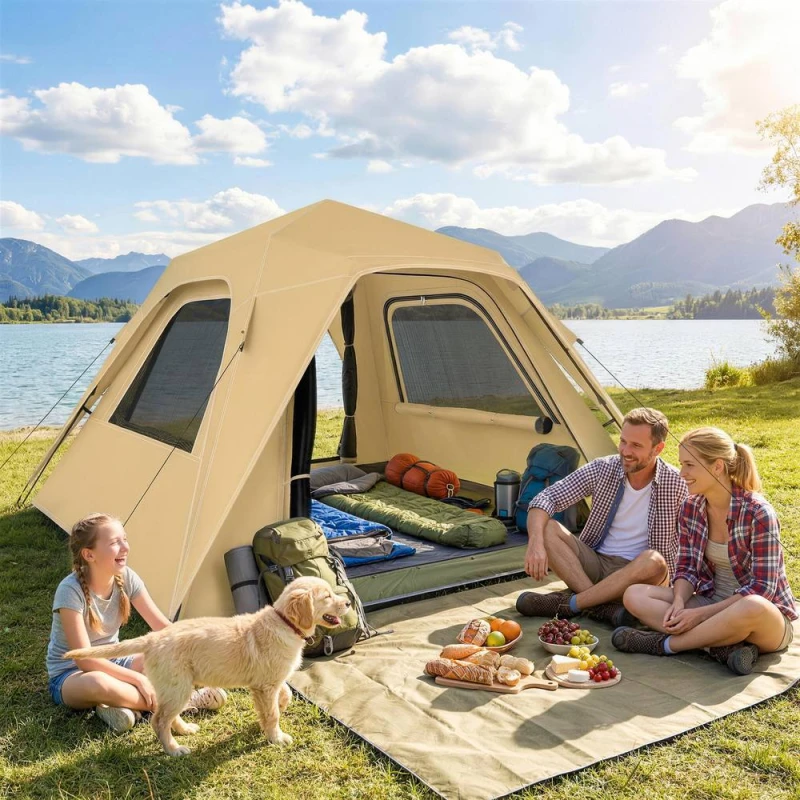 Image of OUTSUNNY Pop Up Tent Waterproof Camping Tents 3-4 People Khaki Khaki Unisex