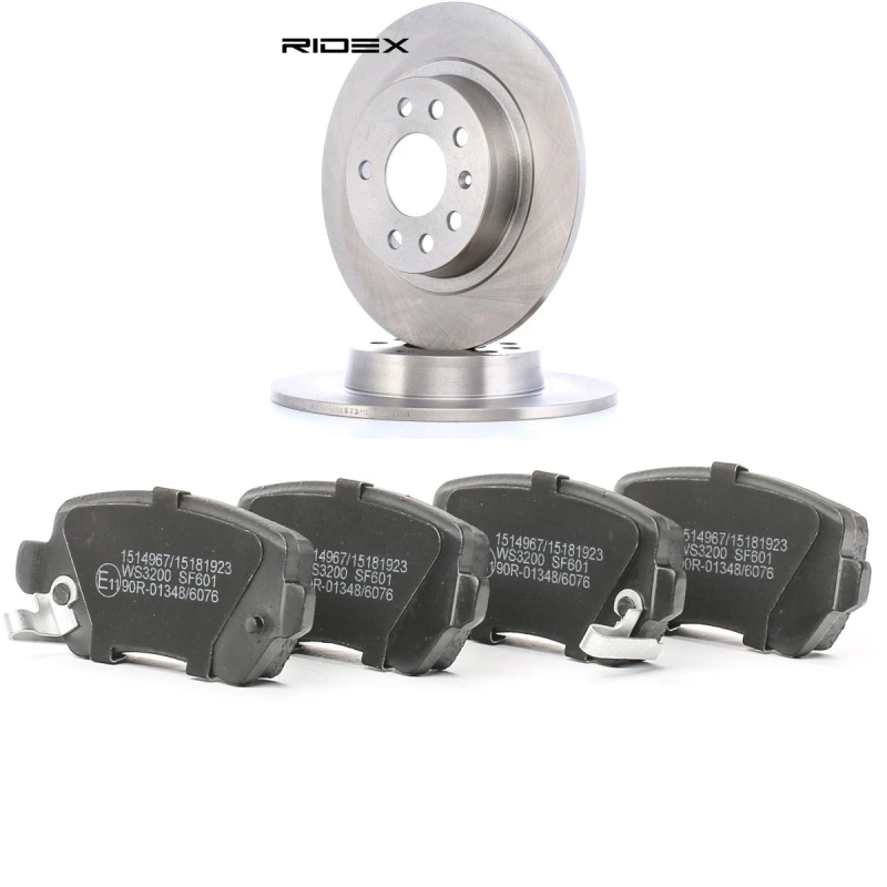 Image of RIDEX 3405B3406 Brake disc and pads set Rear Axle, Brake Disc Type: Solid, with acoustic wear warning, with anti-squeak plate Brake Set,disc brakes (