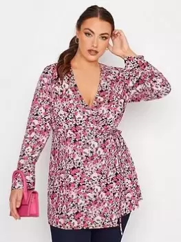 Image of Yours Wrap Flute Sleeve Top Fuchsia Floral, Pink, Size 18, Women