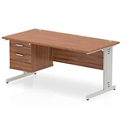 image of Impulse 1600 Rectangle Silver Cable Managed Leg Desk WALNUT 1 x 2 Drawer Fixed Ped