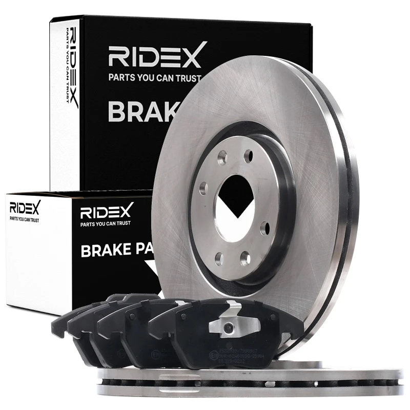 Image of RIDEX 3405B1553 Brake disc and pads set Front Axle, Brake Disc Type: Vented, without integrated wear warning contact, with anti-squeak plate Brake Se