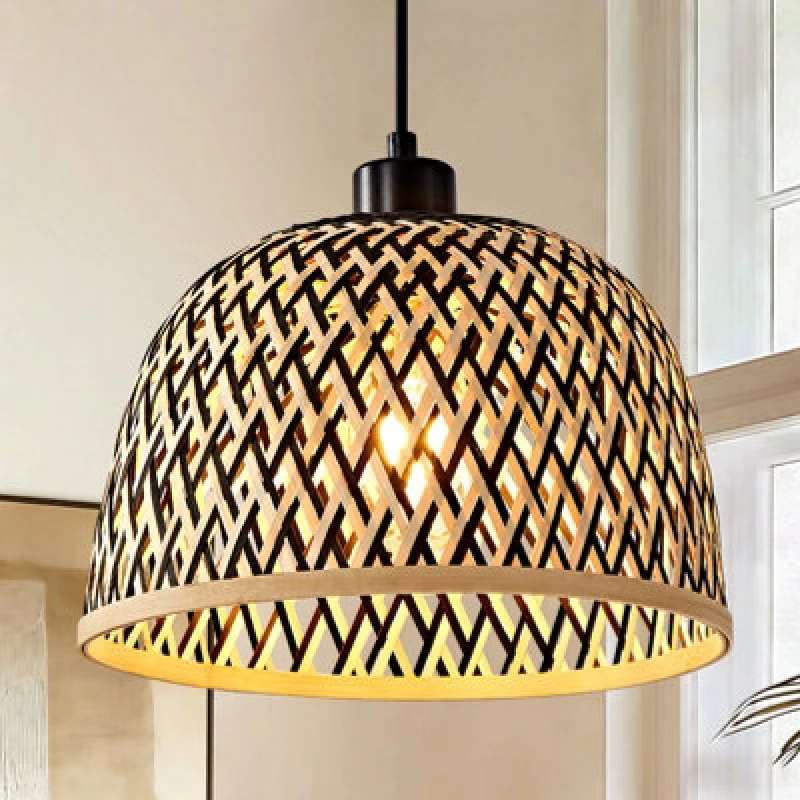 Image of Harper Living Easy Fit Pendant Light Shade, Handwoven Bamboo Shade With Reducer Ring, Black & Natural Colour, 28Cm E27/b22