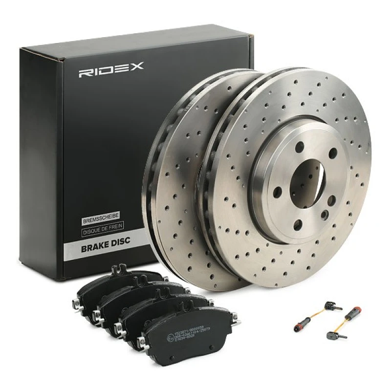 Image of RIDEX 3405B1676 Brake disc and pads set Front Axle, Brake Disc Type: perforated/vented, incl. wear warning contact Brake Set,disc brakes (3405)