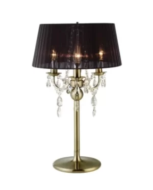 image of Olivia Table Lamp with Black Shade 3 Light Antique Brass, Crystal