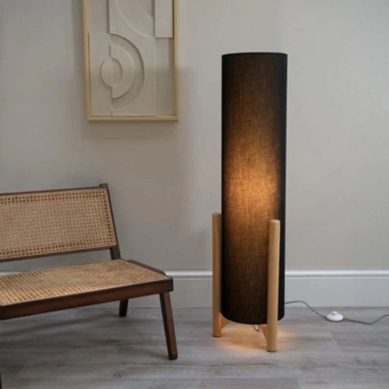 Image of ValueLights Henry Wooden Base Midi Floor Lamp with Tall Fabric Shade Charcoal