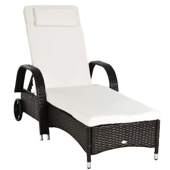 Image of Outsunny Garden Rattan Furniture Single Sun Lounger Recliner Bed Reclining Chair Patio Outdoor Wicker Weave Adjustable Headrest - Brown AOSOM UK