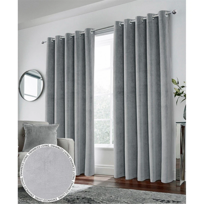 Image of Enhanced Living Velvet, Supersoft, 100% Blackout, Thermal Pair of Curtains with Eyelet Top - Grey Grey