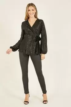 Image of Black Sequin Wrap Top With Velvet Tie