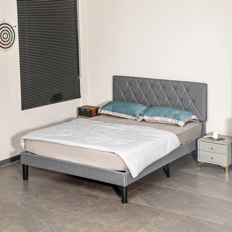 Image of HOMCOM Bed Frame with 5-Level Adjustable Linen Headboard Grey