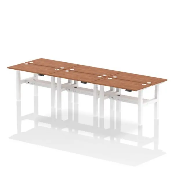 Image of Air Air Back-to-Back 1200 x 600mm Height Adjustable 6 Person Bench Desk Walnut Top with Cable Ports White Frame HASCP6P12600WNTW