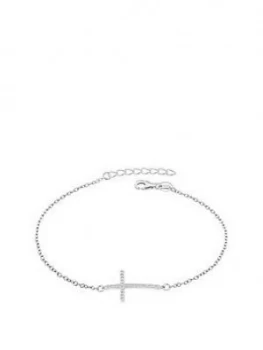 image of The Love Silver Collection Sterling Silver Rhodium Plated Cubic Zirconia Cross Bracelet