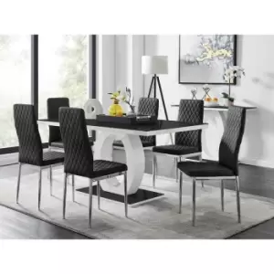 Image of Furniturebox UK - Furniturebox Giovani 6 Black Dining Table & 6 Black Milan Velvet Dining Chairs Diamond Stitch Modern Contemporary Chrome Metal