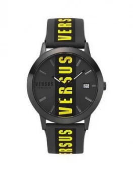 image of Versus Versace Black Date Dial With Yellow Versus Strip Print Strap Watch