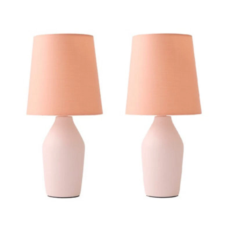 Image of ValueLights Arlo Pair of Compact Ceramic Table Lamps with Fabric Shades and LED Bulbs Pink