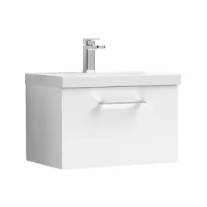 image of Nuie Arno Gloss White 600mm Wall Hung Single Drawer Vanity Unit with 50mm Profile Basin - ARN122D - Gloss White