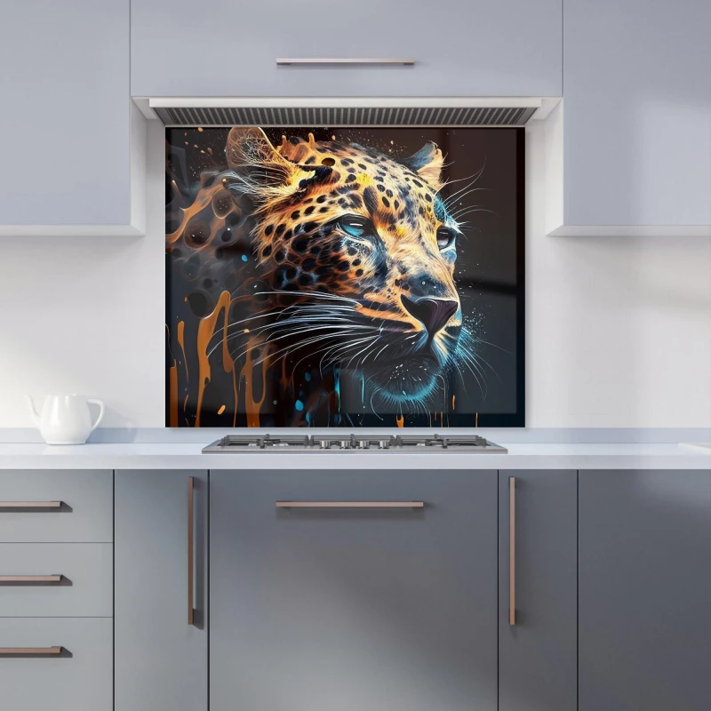 Image of Warren Reed - Designer Leapoard Face Splashart, Dark Background Kitchen Splashback in Yellow Size: 600mm x 750mm Yellow Unisex 600mm x 750mm