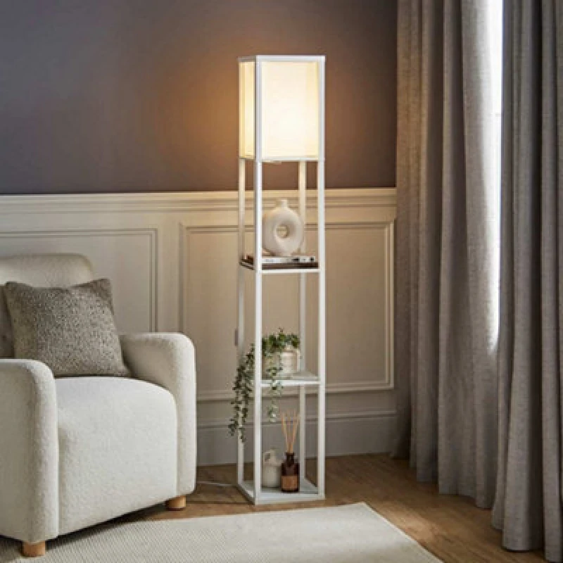 Image of ValueLights ValueLights Struttura Wooden Shelving Floor Lamp with Fabric Shade and LED Bulb in White White One Size Unisex 5059406033902