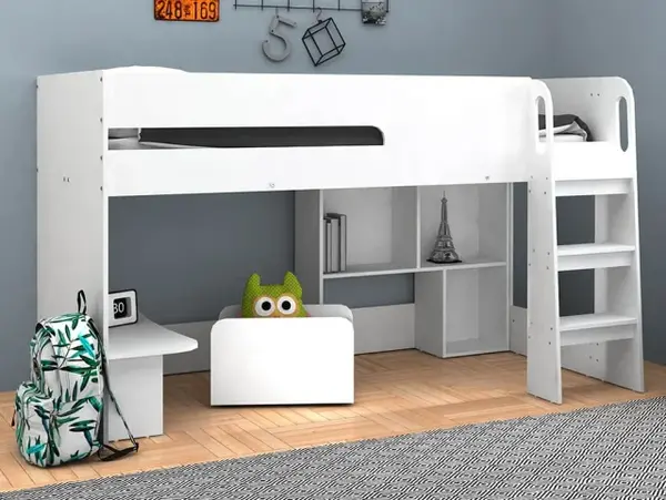 Image of Kidsaw Kudl 3ft Single White Mid Sleeper Bed Frame with Desk and Toy Box