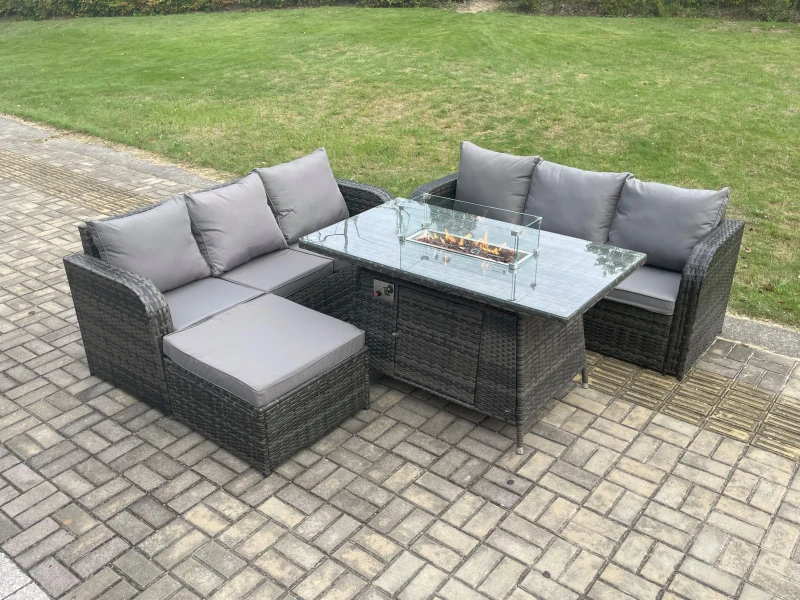 Image of Fimous Rattan Garden Furniture Set with Fire Pit Table 7 Seater Outdoor Patio Lounge Sofa Set Dark Grey Mixed Dark Grey