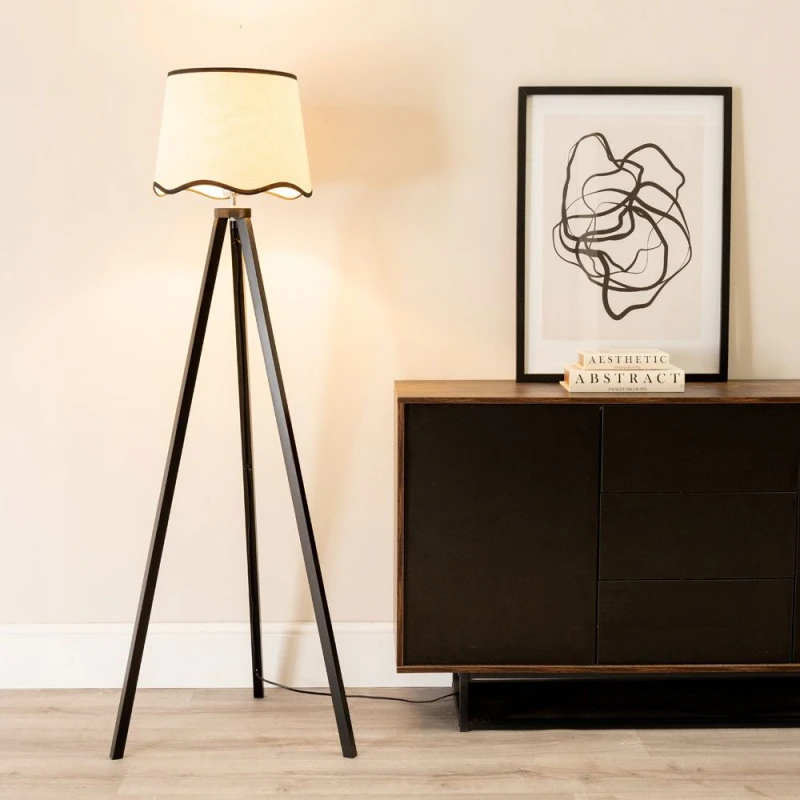 Image of ValueLights Barbro Black Wood Tripod Floor Lamp with Natural Linen Scallop Edge Shade Black