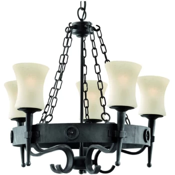 image of Searchlight Cartwheel - 5 Light Multi Arm Ceiling Pendant Black, Scavo Glass Five, E27